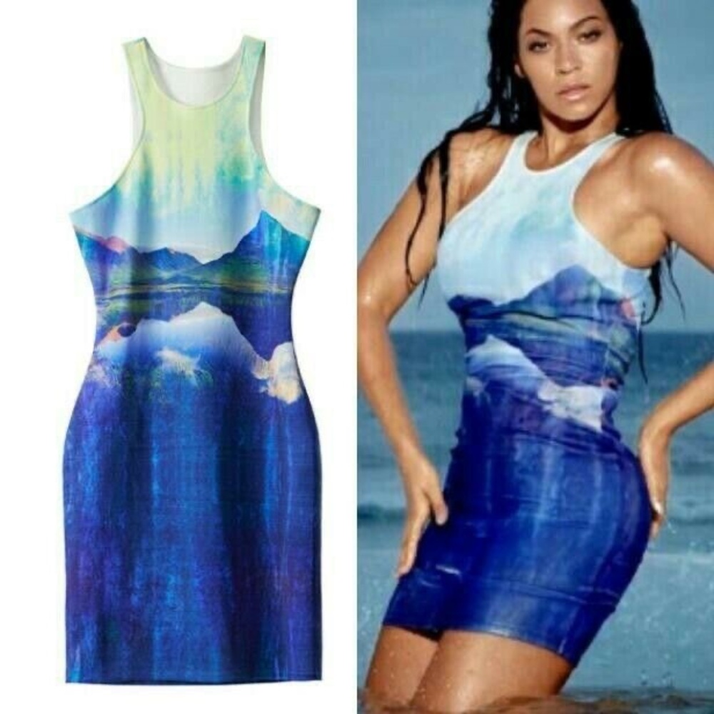 H&M for Beyonce Bodycon Dress. Blue and White Scenic Print Dress